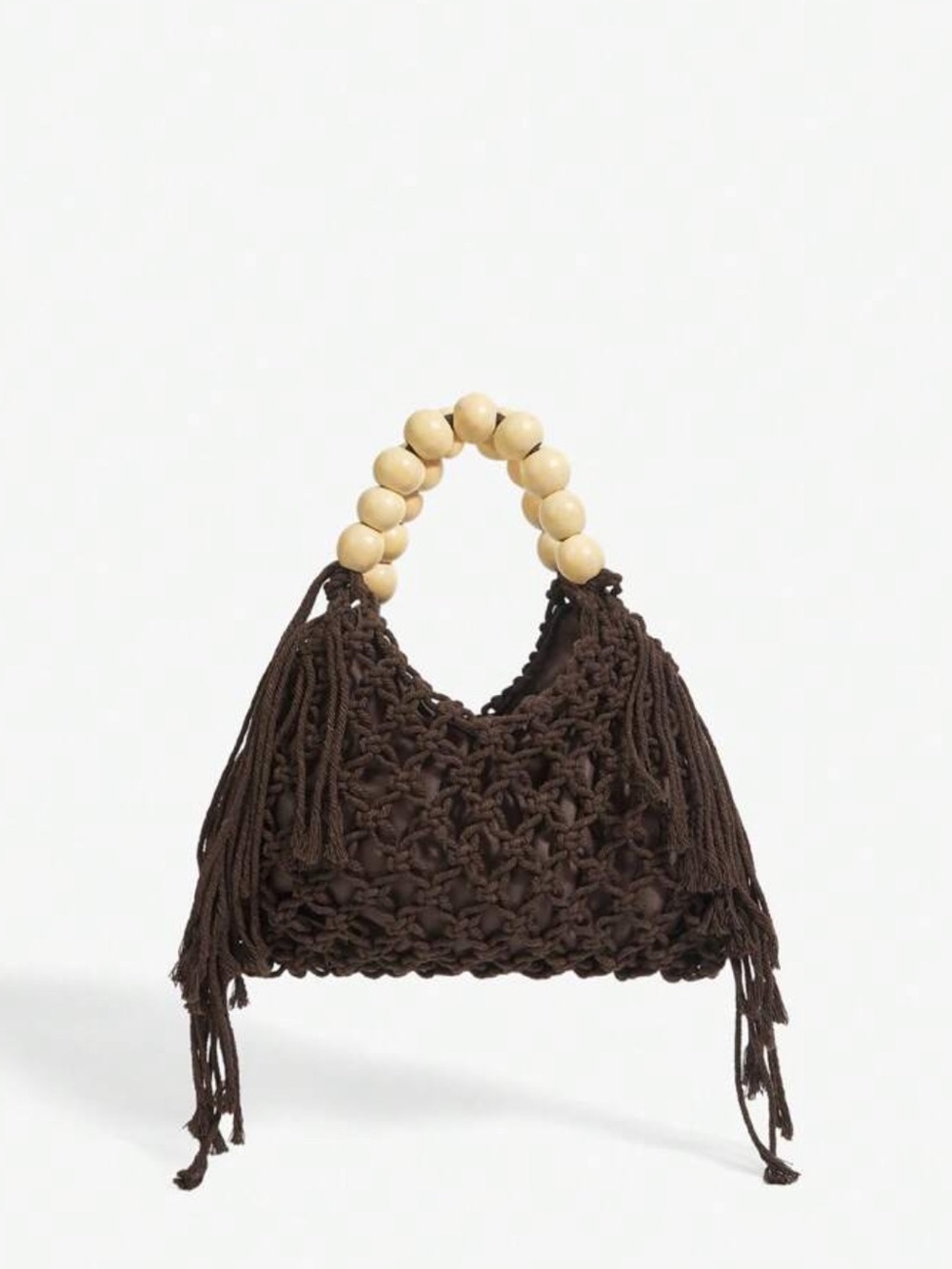 Brown Bead-Handle Knit Tote